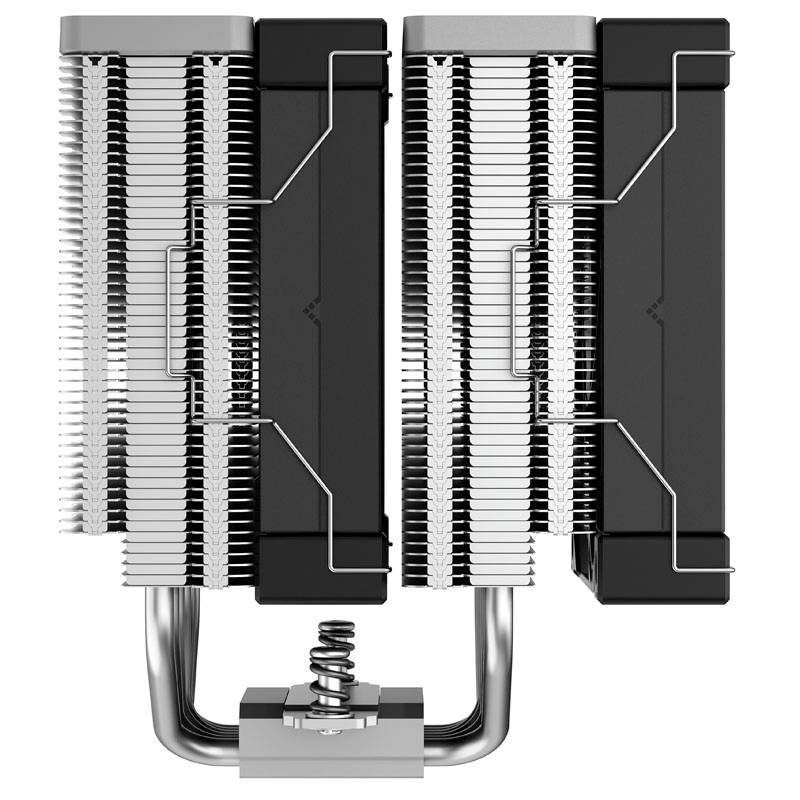 Ein metallischer CPU-Kühler mit zwei Türmen aus Aluminiumlamellen und Kupfer-Heatpipes, die oben durch einen schwarzen Deckel verbunden sind.