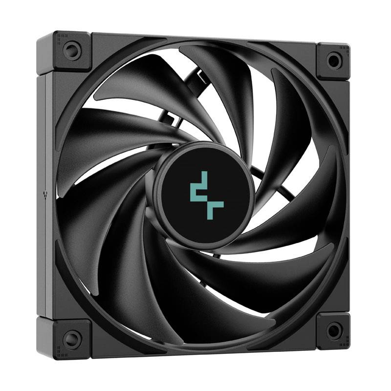 Schwarzer Computerlüfter mit neun Rotorblättern und einem zentralen Logo, montierbar in einem Computergehäuse zur Kühlung.