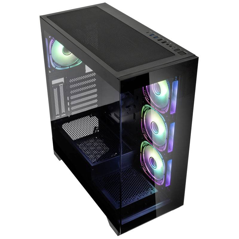 Ein schwarzes Computergehäuse mit transparentem Glas zeigt mehrere leuchtende Lüfter mit RGB-Beleuchtung im Inneren.