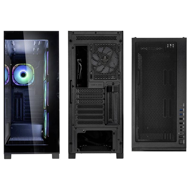 Ein Gaming-PC-Gehäuse mit sichtbarer RGB-Beleuchtung und Temperglas, zeigt Vorder-, Rück- und Seitenansicht mit Lüftungsschlitzen.