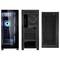 Ein Gaming-PC-Gehäuse mit sichtbarer RGB-Beleuchtung und Temperglas, zeigt Vorder-, Rück- und Seitenansicht mit Lüftungsschlitzen.