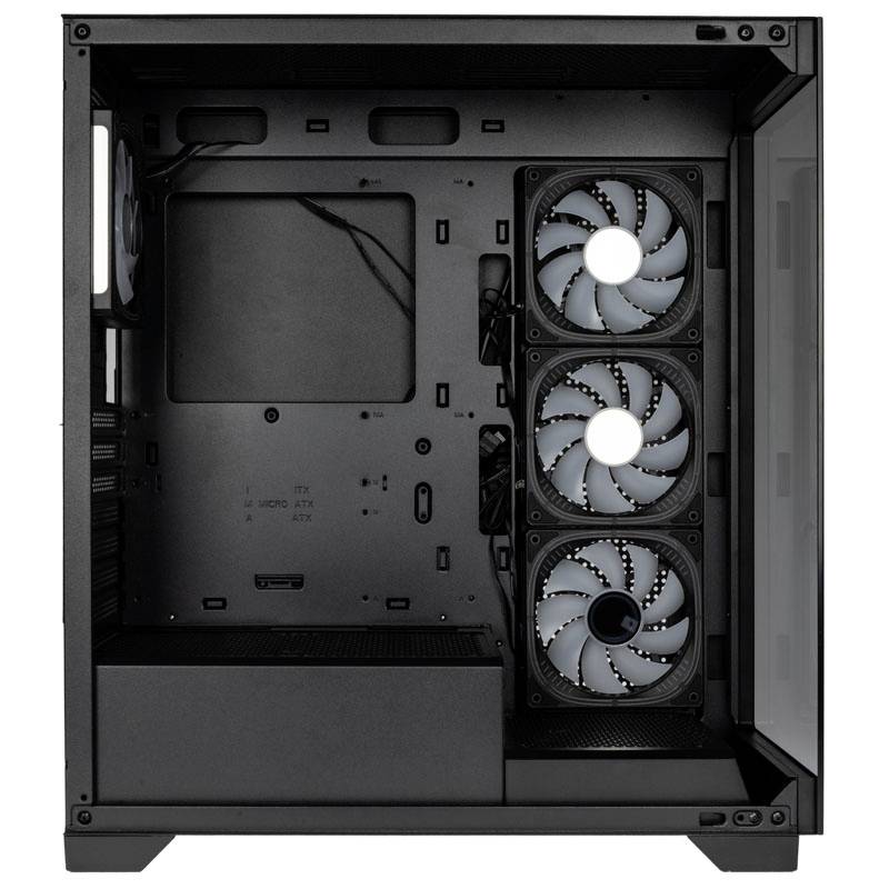 Ein leeres Computergehäuse mit drei eingebauten Lüftern auf der rechten Seite, geeignet für den Einbau von PC-Komponenten.
