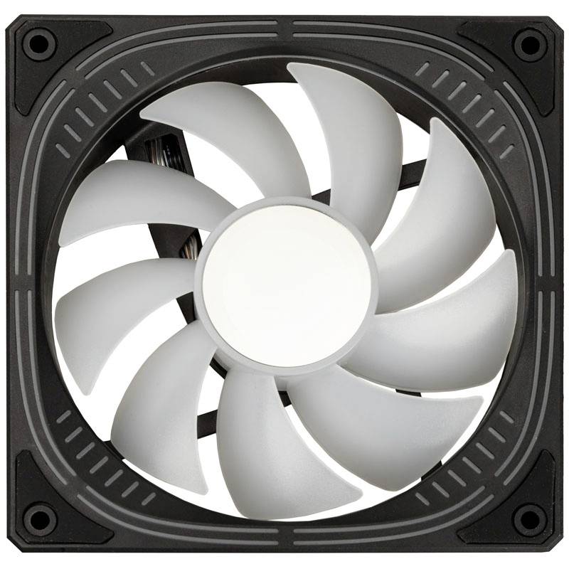 Ein quadratischer Computerventilator mit neun grauen Rotorblättern, montiert in einem schwarzen Rahmen, Ansicht von oben.