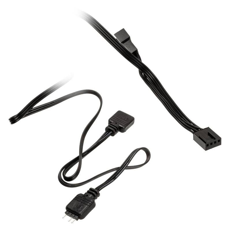 Abbildung zeigt zwei verschiedene Kabel mit Anschlüssen: ein 4-poliger Stecker und ein 3-poliger Stecker, jeweils für Computer-Hardware.