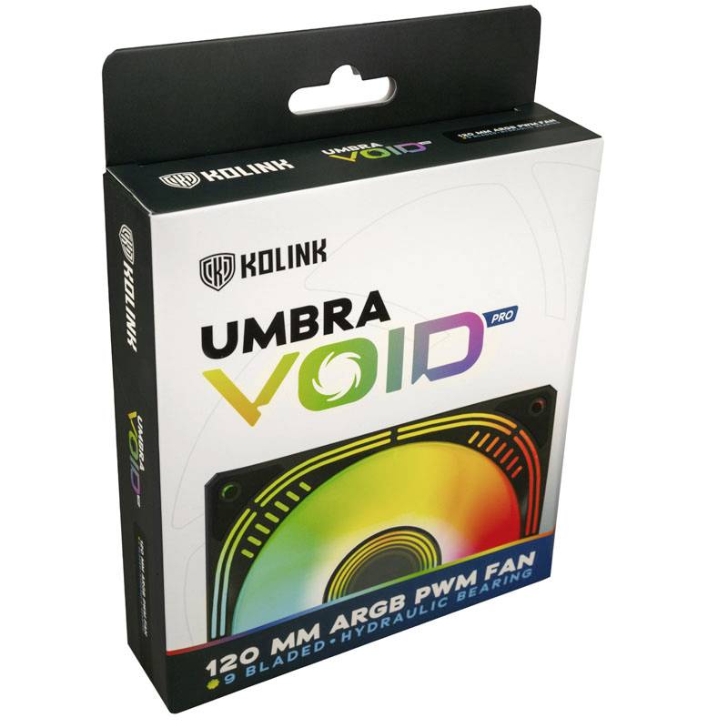 Verpackung eines Kolink Umbra Void Pro 120 mm ARGB PWM Ventilators. Die Schachtel zeigt ein Bild des Ventilators mit buntem Lichteffekt.