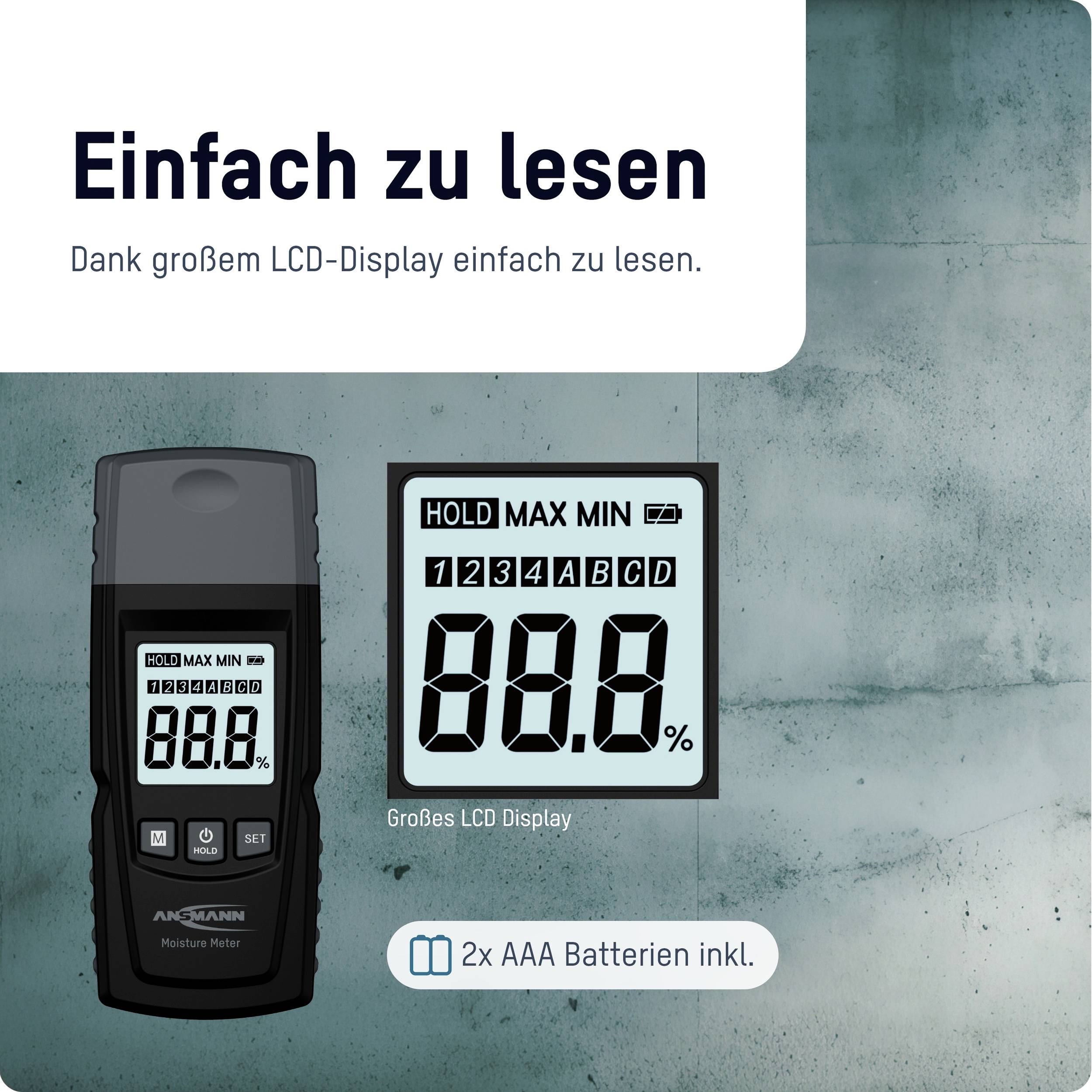 Ein digitales Messgerät mit großem LCD-Display, das deutlich 'HOLD MAX MIN' und eine Zahlenanzeige zeigt. Inklusive 2x AAA Batterien.