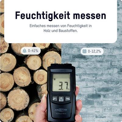 'Feuchtigkeit messen' zeigt einen Feuchtigkeitsmesser mit digitalem Display. Links Holz mit Feuchtigkeit 0-41%, rechts Baustoffe 0-12,2%.