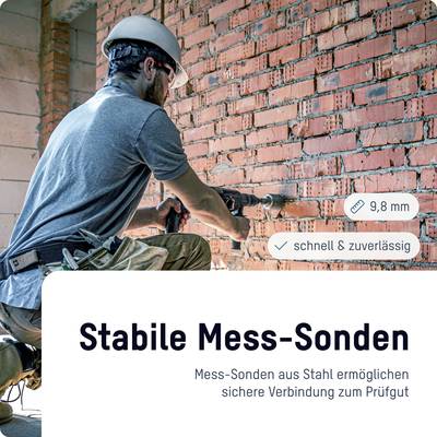 Ein Arbeiter mit Helm bohrt in eine Wand. Text auf dem Bild: 'Stabile Mess-Sonden' und 'schnell & zuverlässig'.