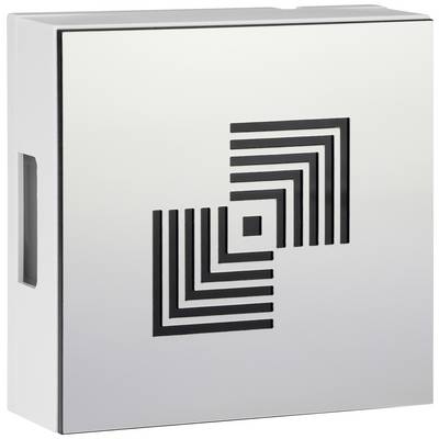 Eine silberne Box mit einem schwarzen, geometrischen Muster auf der Vorderseite, bestehend aus verschachtelten Quadraten.