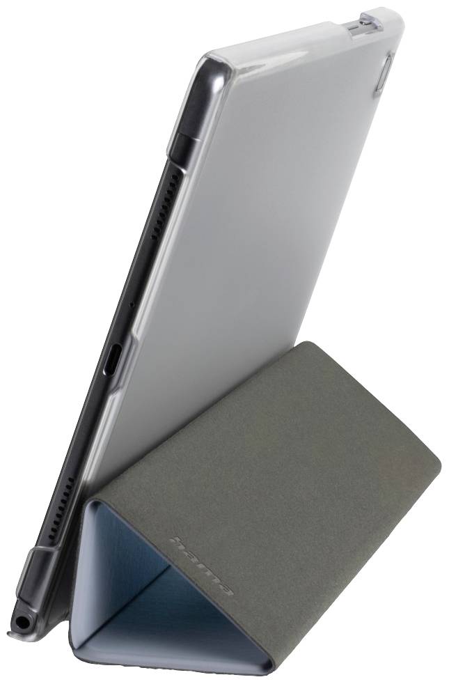 Eine graue Tablet-Hülle, die als Ständer fungiert, hält ein Tablet in aufrechter Position. Ideal zur Unterstützung des Tablets für freihändige Nutzung.