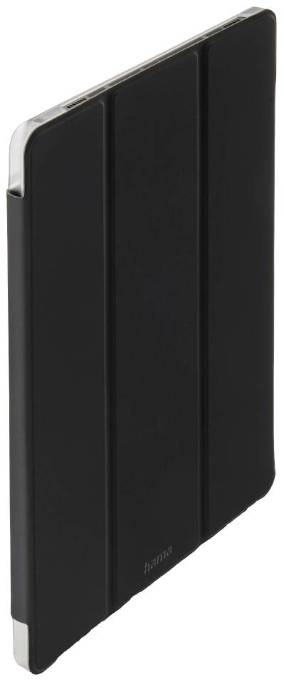 Ein schwarzes Tablet-Case in vertikaler Ausrichtung, aus glattem Material, schützt und stützt das Gerät.