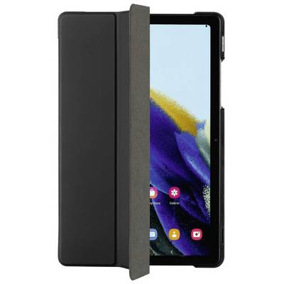 Ein Tablet mit geöffnetem schwarzem Cover, das den Startbildschirm mit bunten App-Symbolen anzeigt.