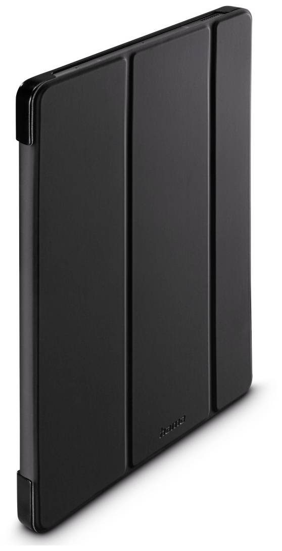 Schwarze Tablet-Schutzhülle, aufrecht stehend. Sie hat eine einfache, glatte Oberfläche und abgerundete Ecken.