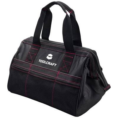 Schwarze Werkzeugtasche mit roter Naht und Tragehenkeln, Marke 'Toolcraft' aufgedruckt, kompakt und stabil für den Werkzeugeinsatz.