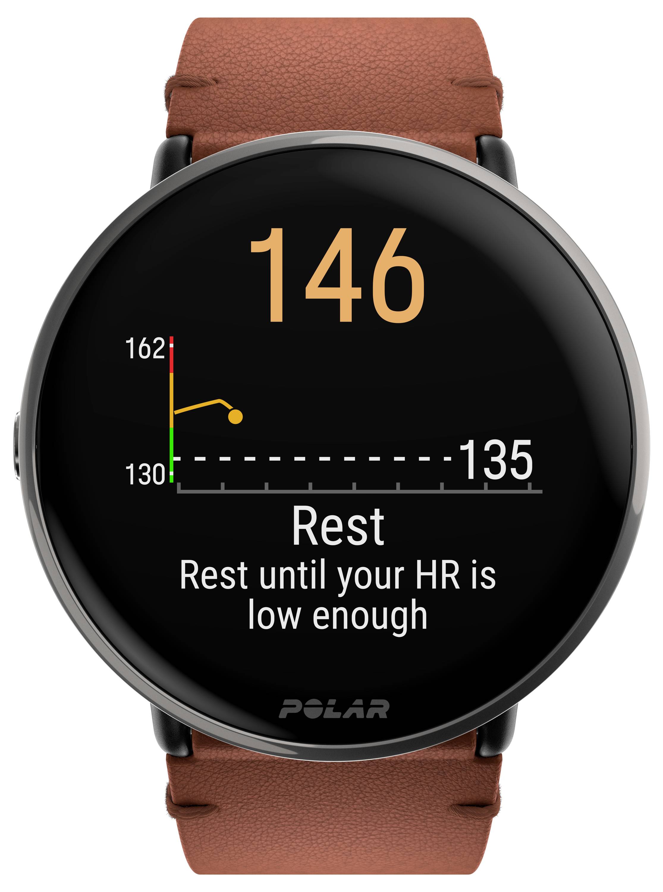 Eine Smartwatch mit braunem Armband zeigt eine Herzfrequenz-Anzeige bei 146 und empfiehlt 'Rest until your HR is low enough'.