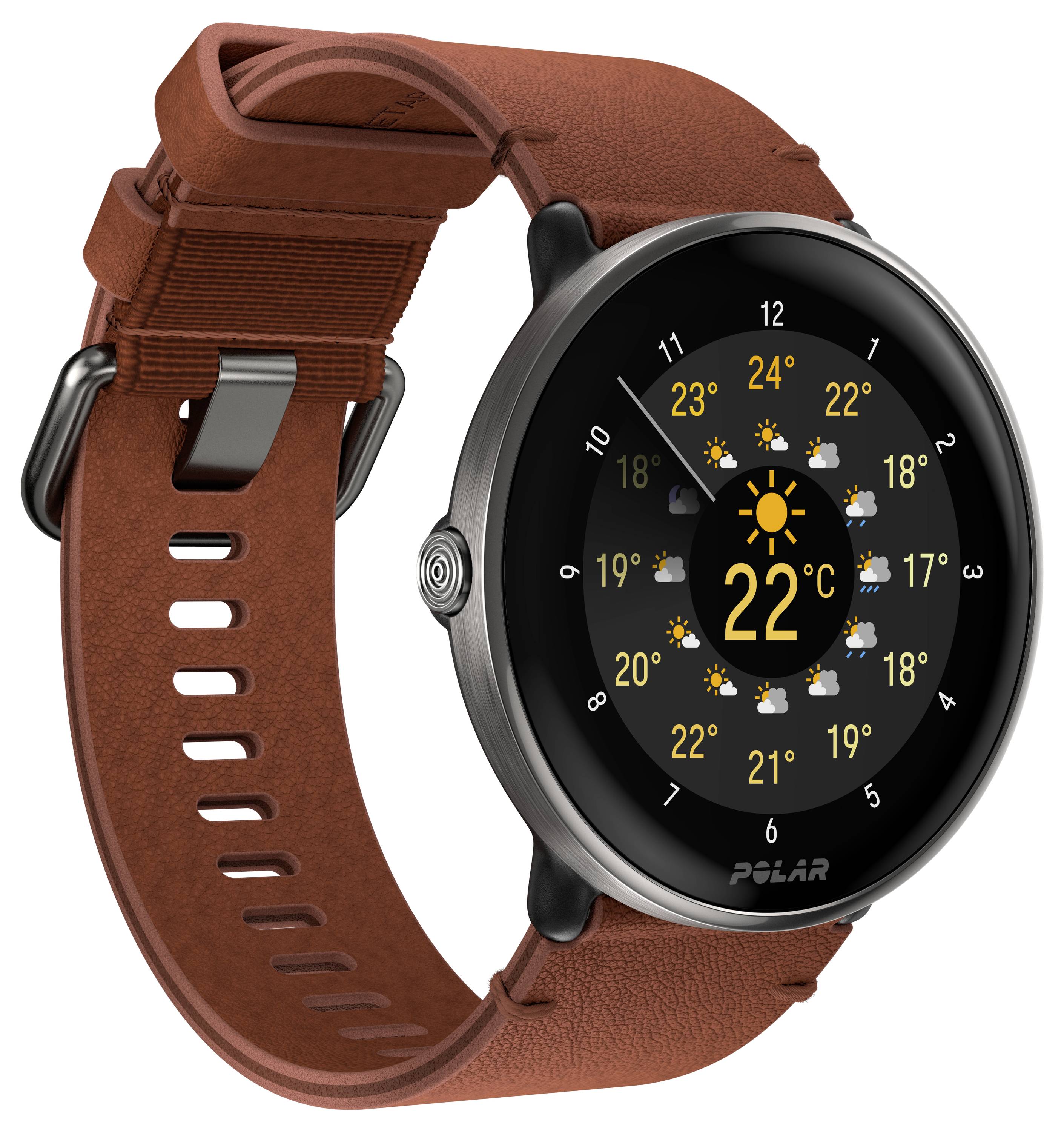Eine Smartwatch mit braunem Armband zeigt das Wetter mit 22°C und Sonnensymbol an. Uhrzeit und Wettervorhersage sind sichtbar.