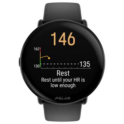 Smartwatch mit Anzeige der Herzfrequenz bei 146 Schlägen pro Minute. In der Ruhephase: 'Rest until your HR is low enough'. Diagramm zeigt Herzfrequenzverlauf.