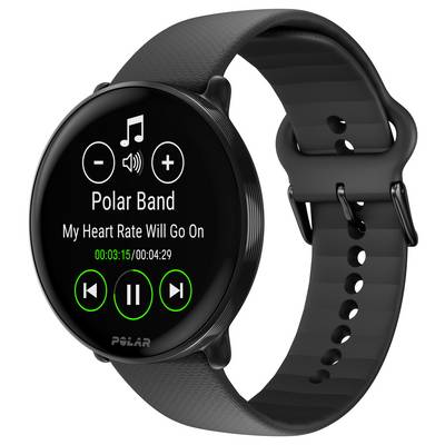 Smartwatch mit schwarzem Armband zeigt Musiksteuerungsbildschirm. Lied 'My Heart Rate Will Go On' wird gespielt. Zeit: 03:15/04:29.