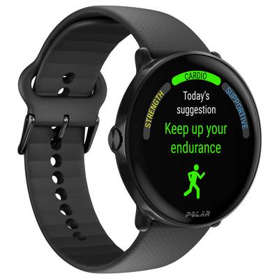 Schwarze Fitness-Uhr mit rundem Display zeigt 'Keep up your endurance' an. Für Ausdauertraining empfohlen. Icons für Cardio und Unterstützung sichtbar.