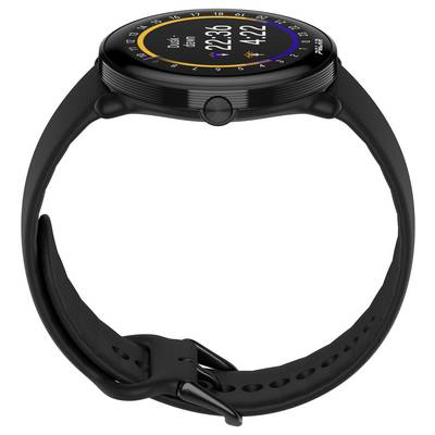 Eine schwarze Smartwatch mit rundem Zifferblatt zeigt die Uhrzeit 22:33. Schritte, Kalorien und Herzfrequenz sind auch sichtbar.
