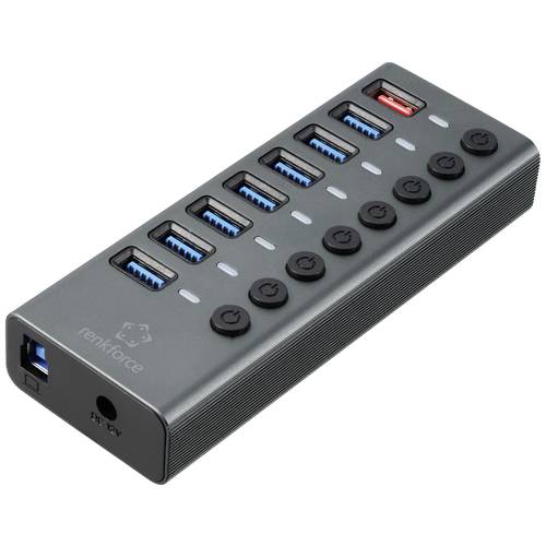 Renkforce RF-6049086 USB-Hub 8 Port USB-A USB 3.2 Gen2 10 GBit/s einzeln schaltbar, mit Status-LEDs, mit Aluminiumgehäus...