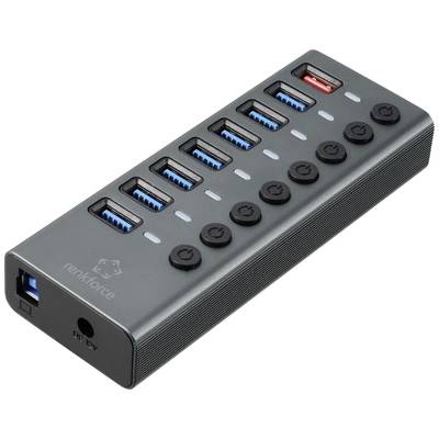 USB-Hub mit zehn Ports, individuell schaltbar. Ein roter Anschluss für Schnellladen. Schwarzes Gehäuse mit seitlichem Anschluss.