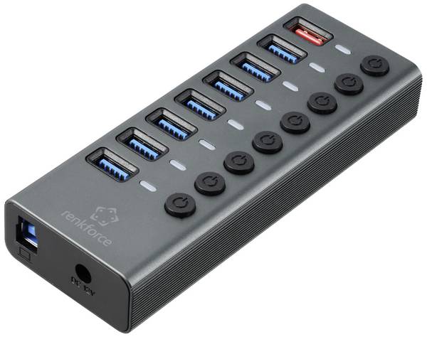 Renkforce RF-6049086 USB-Hub 8 Port USB-A USB 3.2 Gen2 10 GBit/s einzeln schaltbar, mit Status-LEDs, mit Aluminiumgehäuse Silber-Schwarz RF-HUB-380