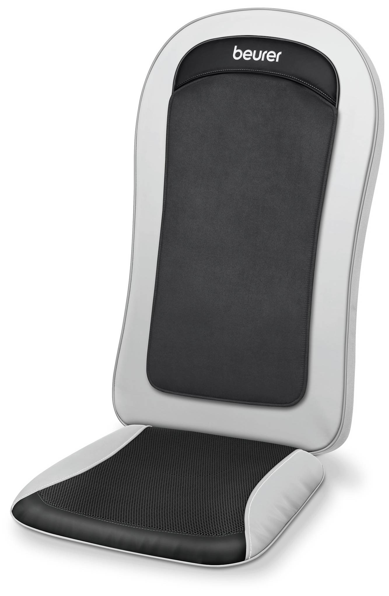 Massagesitzauflage in Schwarz und Grau, Marke Beurer, für Rücken- und Sitzbereich, ideal für entspannende Massageanwendungen.