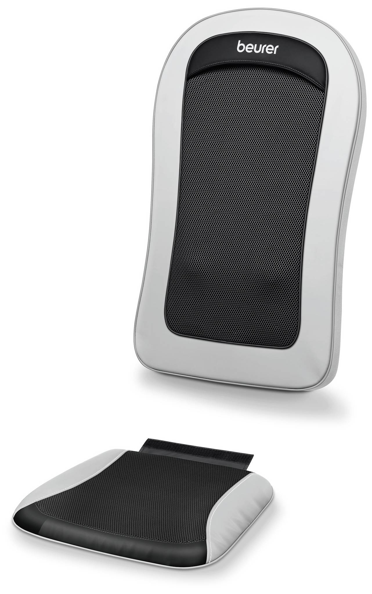 Rückenkissen und Sitzkissen in Grau und Schwarz, geeignet für ergonomische Unterstützung. Markenname 'beurer' auf dem Rückenkissen.