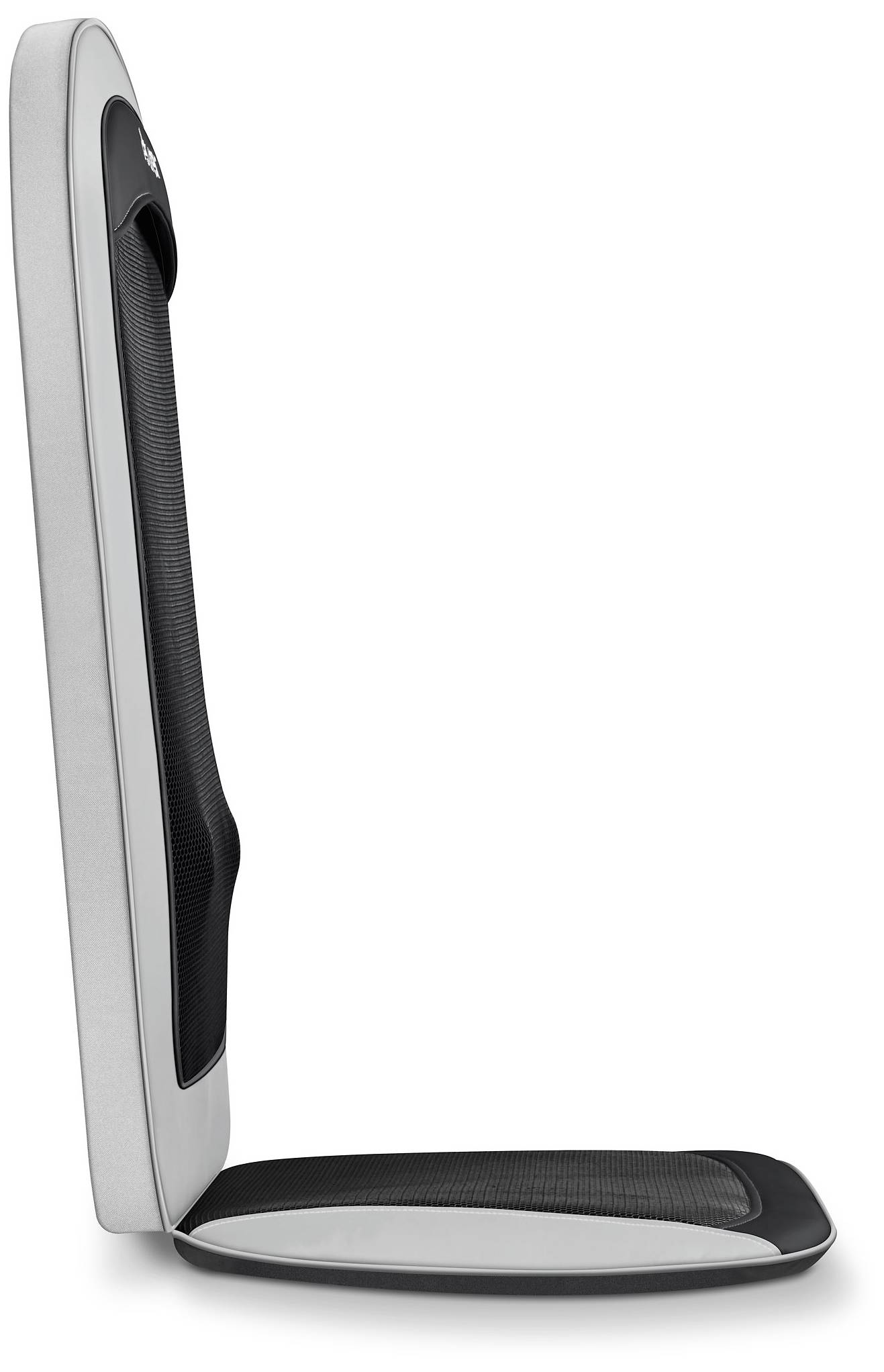 Massagesitzauflage in Seitenansicht, zeigt schwarze Netzpolster und grauen Rahmen. Entworfen für Rücken- und Sitzmassageunterstützung.