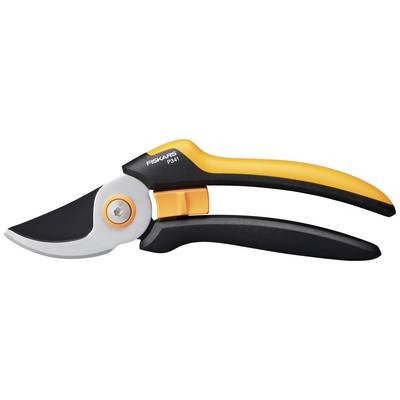 Eine orange-schwarze Gartenschere mit gebogener Klinge und ergonomischem Griff.