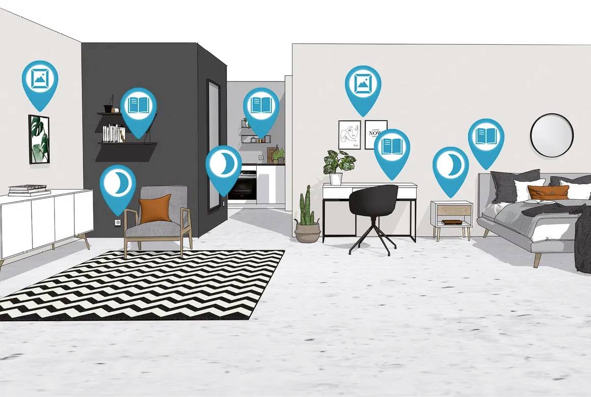 Ein stilvolles modernes Wohnzimmer und Schlafzimmer im offenen Grundriss. Blaue Symbole markieren Punkte von Interesse im Raum.