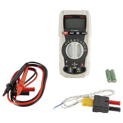 Digitales Multimeter mit Kabeln, Batterien und Sensor. Ermöglicht Spannungs-, Strom- und Widerstandsmessung in Elektroinstallationen.
