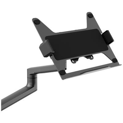 Ein schwarzer Tablet-Halter mit verstellbarem Arm, der auf einem Tisch montiert wird. Der Halter kann gedreht und geneigt werden.