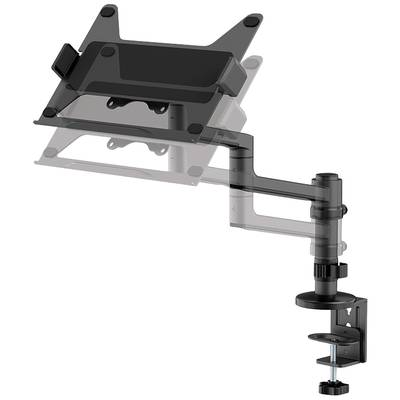 Laptop-Halterung mit flexiblem Arm, der an einem Tisch montiert wird. Eignet sich für verstellbare Positionierung des Geräts.
