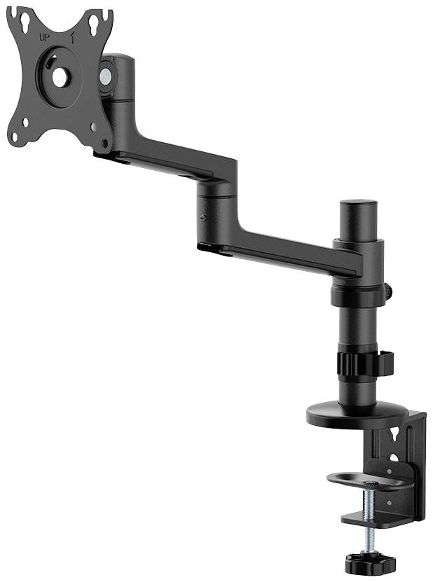 Ein schwarzer, verstellbarer Monitorarm zur Tischbefestigung, trägt einen Bildschirmhalter mit Schraubklemme. Ideal für ergonomische Arbeitsplätze.