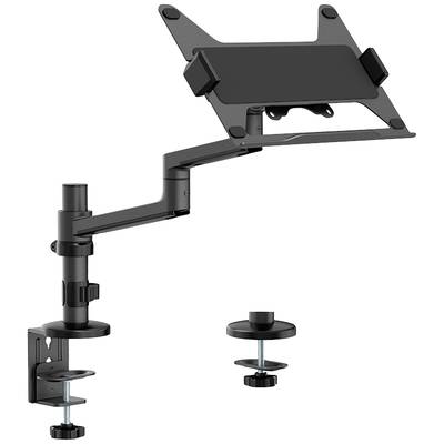 Notebook-Halterung mit verstellbarem Arm und Tischklemme, schwarz, zur ergonomischen Arbeitsplatzorganisation.