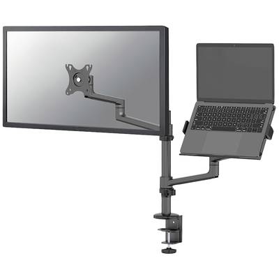 Monitorhalterung mit Arm, hält einen Bildschirm und ein Laptop. Laptop ist geöffnet, Bildschirmhalterung ist leer. Tischklemme befestigt.