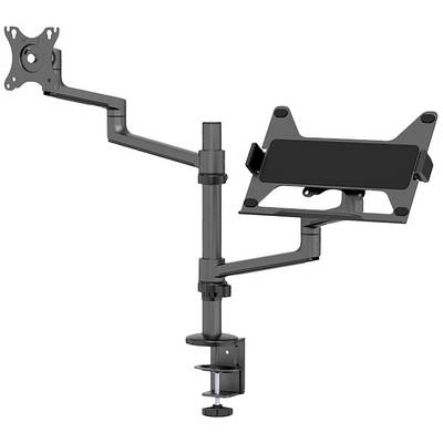 Monitorhalterung mit zwei Armen: links eine VESA-Halterung, rechts eine Tablet-Halterung. Montiert an einem Tisch mit Klemmsystem.