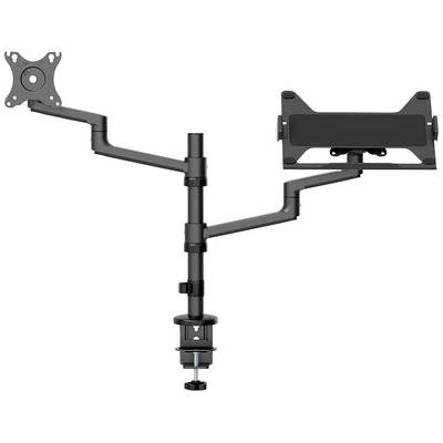 Dual-Monitor-Halterung mit zwei verstellbaren Armen. Linker Arm hat eine rechteckige Platte, rechter Arm eine Halterung für Tablets. Ideal für Schreibtische.