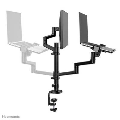 Ein dualer Monitorhalter mit zwei flexiblen Armen, die Laptops halten. Er ist an einem Schreibtisch befestigt und ermöglicht Höhenverstellung.