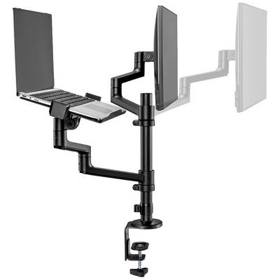 Ein schwarzer Schreibtischarmhalter mit zwei regulierbaren Halterungen, die einen Laptop und einen Monitor tragen, montiert an einem Tisch.