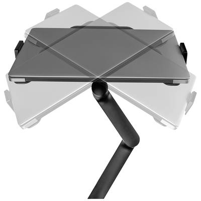 Obenansicht eines klappbaren Tablet- oder Buchhalters mit einem verstellbaren Arm und drehbarem Standfuß, grau und schwarz.