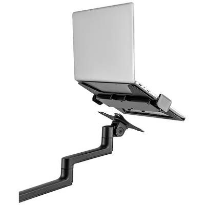Ein Laptop steht geöffnet auf einem höhenverstellbaren, schwenkbaren Arm, der an einem Tisch montiert ist.