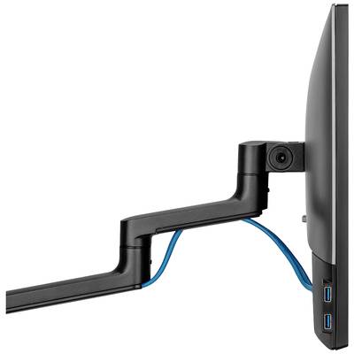 Ein schwarzer Monitor ist an einem flexiblen Schwenkarm befestigt. Blaue Kabel verlaufen entlang des Arms.