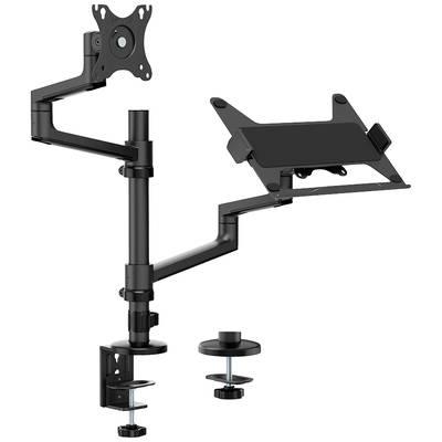 Höhenverstellbare Monitor- und Laptophalterung, schwarz, zur Befestigung an einem Schreibtisch. 2 Arme mit Neigungs- und Schwenkfunktion.