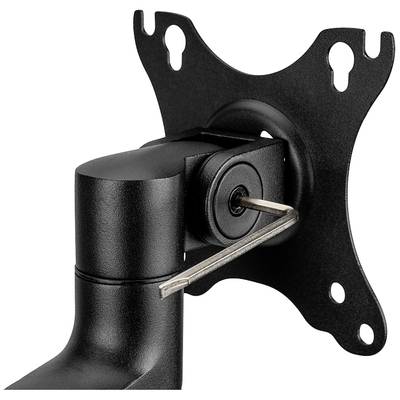 Schwarze Monitorhalterung aus Metall mit Schwenkgelenk und Befestigungsplatte für VESA-kompatible Monitore.