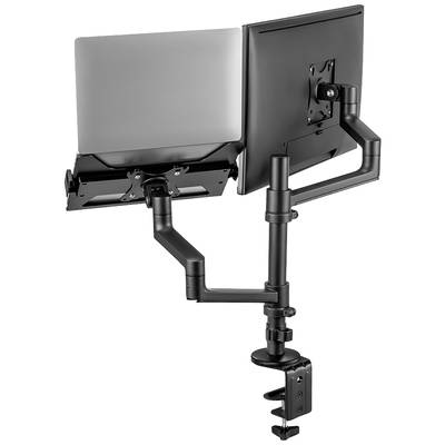 Monitorhalterung mit zwei Armen: links ein Laptopständer und rechts eine Monitorhalterung. Beide Arme sind flexibel einstellbar.