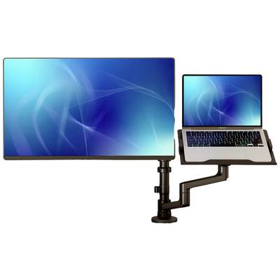 Laptop und Monitor mit blauem Bildschirm auf verstellbarem Tischhalterungsarm montiert, ideal für ergonomisches Arbeiten.