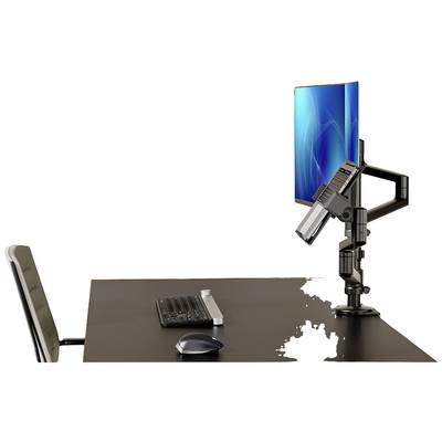Ein Schreibtisch mit Bürostuhl, Tastatur, Maus und Monitorhalterung, die einen Flachbildschirm vertikal hält; moderne Arbeitsumgebung.